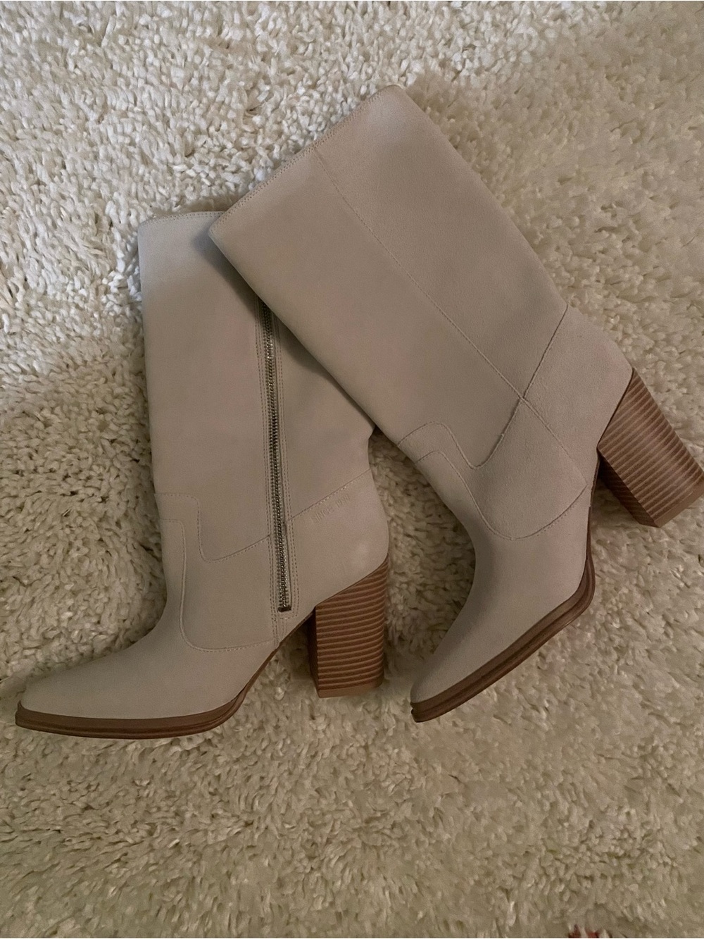 Franco Sarto Light Beige Suede Mid-Calf Block Heel Boots - Picture 4 of 8